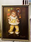 Vintage Mid Century Modern MCM Big Eye Girl Clown Oil Painting by Girault