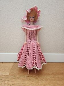 Vintage 1960s Barbie Doll Size Hand Crochet Pink and White Dress with Hat