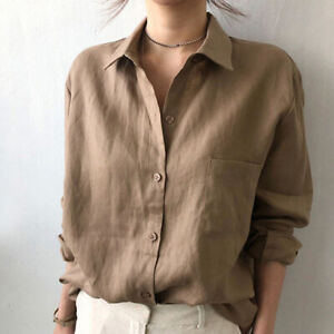 Womens Summer Linen Cotton Button Blouse Tops Casual Collared Long Sleeve Shirts