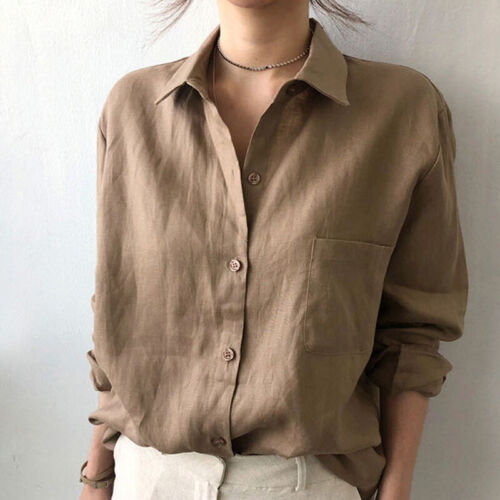 Womens Linen Cotton Button Blouse Tops Casual Collared Long Sleeve Shirts