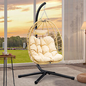 TAUS Wicker Rattan Hanging Swing Egg Chair w/Steel Stand+Cushions Indoor Outdoor
