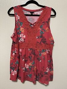 Torrid Babydoll Textured Jersey V-Neck Lace Pieced Floral Sleeveless Top Size 2X
