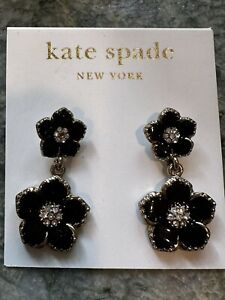 Kate Spade Gold Tone Black Flowers Statement Post Drop Earrings