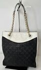 Tory Burch Handbag Shoulder Fleming Black Quilted Leather White Trim Chain Tote