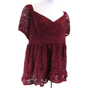Torrid Red Babydoll Top Size 4 Lace Sweetheart Lined Short Sleeves Fitted Bodice
