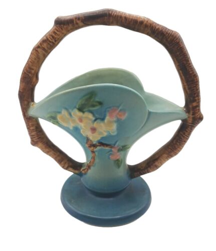 Vintage Roseville Pottery Apple Blossom Basket 309-8  Blue Repaired