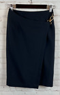 ANNE KLEIN II 100% wool dark blue twill wrap gold clasp straight pencil skirt 6