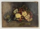Antique 19th C Victorian Oil Painting on Canvas Pansies Flowers Signed