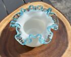 New ListingFenton Aqua Blue Crest Milk Glass Vase Crimp Ruffle Ribbon Edge    4.25”x5”x5”