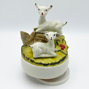 UCGC Vintage Music Box White Spotted Deer on Christmas Landscape with Holly