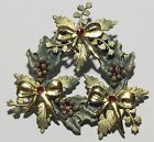 Vintage Signed Kerissa Wreath Brooch Pin Grape Leaves Red Rhinestones Gold Bows