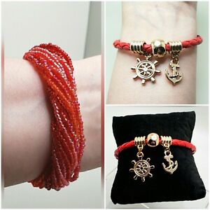 2 pc Bracelet Lot Red Iridescent Beads Gold Boat Anchor Braided Leather BrL7