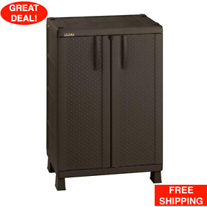 2 Door Resin Storage Cabinet Rattan-look With Adjustable Shelves Organizer Brown