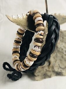 Lot Of 2 Boho Bracelets Black Braided Leather Stretch Wood Shell Beads