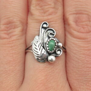 Old Pawn Navajo Sterling Silver Vintage Royston Turquoise Feather Ring Size 8.25