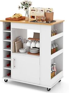 Mobile Kitchen Island with Storage, Rolling Microwave Cart with Bamboo Top