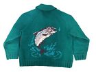 Vintage Cowichan Green Sweater W/ Liner Hand Knit Fly Fishing Fish L-XL 50s 60s