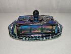 NICE Blue Carnival Glass Covered Butter Dish Indiana Harvest Grape Iridescent