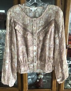 American Eagle Top Women’s M Maueve￼ Floral Buttons Cropped L/S Poly Boho NWOT