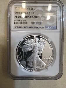 2021  W T2 NGC PF70 ULTRA CAMEO PROOF SILVER EAGLE LANDING 35TH LABEL TYPE 2