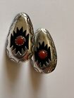 VTG Navajo 925 Sterling Silver & Red Coral Star Shadow Box Oval Clip On Earrings