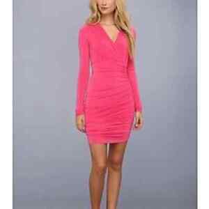 BCBG Maxazria Dalton Medium Pink Jersey Dress Ruched V-neck Mini PLEASE READ