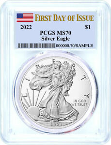 2022 $1 Silver Eagle PCGS MS70 First Day of Issue Flag Label