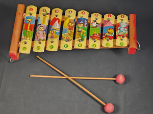 Vintage Japan child's 8 key xylophone with stand and mallets adorable graphics