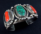 Vintage Navajo Bracelet - Coin Silver, Coral and Turquoise