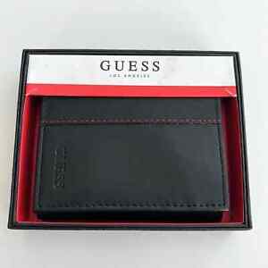 New GUESS Men's Black Trifold Slim Leather Wallet Logo Red Stitching