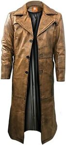 Mens Leather Trench Coat for Men Long Jacket Vintage Distressed Brown Coat