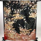 Woman Japanese Kimono Houmongi Synthetic PlumBlossom Fan Gold Foil Black 170.5cm