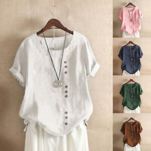 Women Short Sleeve Solid Tops Ladies Cotton Linen Casual Shirt Loose Blouse US