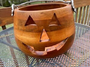 Martha Stewart Carved Wooden Jack O Lantern Pumpkin Halloween Fall Candy Bucket