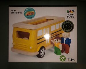 NIB Discontinued Plan Toys 4610 Wood School Bus with People  & Mini School Bus