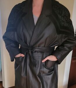 80s Direct Action NY Wmns Genuine Leather Black Long Trench Coat Jacket Volup XL