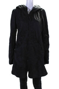 Prairie Underground Womens Double Zip Hooded Ruffle Trim Jacket Black Size L