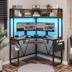 Corner Desk with Keyboard Tray, Small Computer Desk with Hutch & LED Lights