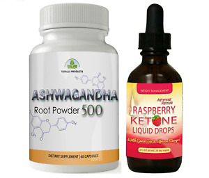 Ashwagandha Root Powder Caps Raspberry Ketone Liquid Weight Loss Drops 2 Pack