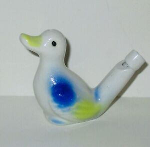 Vintage Ceramic Porcelain Mini Water Duck Bird Whistle Song Bird 3” Blue Yellow