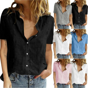 Women Short Sleeve Casual Shirt Ladies Office Linen Button Plain Tops Blouse Tee