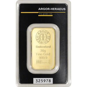20 gram Gold Bar - Argor Heraeus - 999.9 Fine in Assay