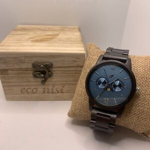 Eco nisi 99107 Men Black Wood Analog Blue Dial Quartz Genuine Wrist Watch VIA559