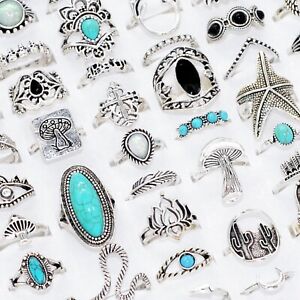 Bulk Lots 50 Antique Silver Vintage Rings Mix Women Bohe Turquoise Stone Charms