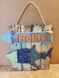 Weathered Wood Beach Sign RELAX Arrow, Shark on Front