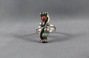 Old Pawn Navajo Turquoise and Coral Ring  Size 8