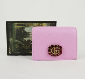 New Gucci Marmont Women's Pink Leather Wallet w/Crystal Double G 499783 5871