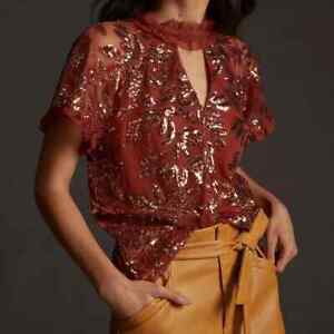 By Anthropologie Womens Size Small Burnt Orange Floral Sequin Cut Out Blouse Top