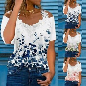 Women Lace Cold Shoulder Short Sleeve Tops Blouse Summer Casual T-Shirt Tee US