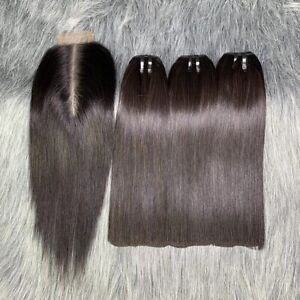 100% 12A Straight Raw Human Hair Nature Black 3bundles With Closure For Women